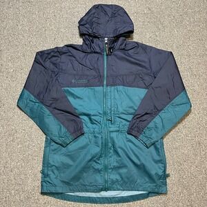 Columbia Womens Medium Hooded Windbreaker Jacket Navy Teal Colorblock Full Zip